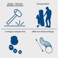 Die Absauganlage DC500 von Scheppach verfügt über eine stabile und robuste Metallkonstruktion, ist transportabel, enthält ein 4-teiliges Adapter-Set und hat eine Schlauchlänge von 2000 mm.