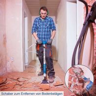 Pneumatischer Bodenbelag-Schaber für Scheppach-Druckluftspaten mit Schmutzablassfunktion und Arbeitsansicht auf Bodenbelag.