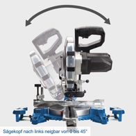 Mitreblatt einer Scheppach-Kappzugsäge mit Neigungsfunktion für den Sägekopf von 0 bis 45°