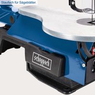Staufach für Sägeblätter an der Dekupiersäge SD1600V von Scheppach. Das Fach ist praktisch für die Aufbewahrung von Sägeblättern.