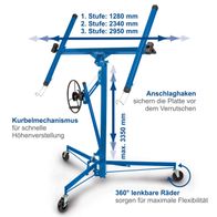 Trockenbaulift mit Höhenverstellmechanismus, Anschlaghaken für Stabilität, drei Stufen für Breite und max. 3.350 mm Höhe, 360° lenkbare Räder