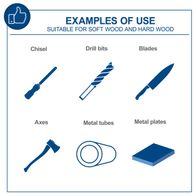 Illustrations of tools for woodworking: Chisel, drill bits, blades, axe, metal tube, metal plate