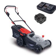 Akku-Rasenmäher BPM43-20 von Scheppach mit zwei Akkus und Ladegerät. Der Rasenmäher ist von der Seite zu sehen.