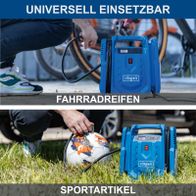 Mobiler Kompressor mit integriertem Fahrrad- und Sportartikelfüller, inklusive Adapter für verschiedene Anwendungen.
