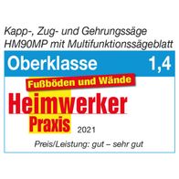 Kapp-, Zug- und Gehrungssäge HM90MP mit Multifunktionssägeblatt. Oberklasse mit Bewertung 1,4. Für Fußböden und Wände. Preis/Leistung: gut – sehr gut.