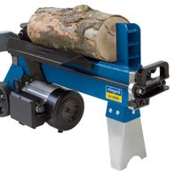 Holzspalter liegend hs 400h scheppach classic - 230V 50Hz 1500W, seitliche Ansicht mit Holzblock.