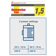 The Scheppach TS310 table saw features two power settings: 2200W at 230V and 2800W at 400V, both at 50Hz.