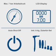 Der Akku-Handkompressor hat einen maximalen Arbeitsdruck von 7 bar, ein LCD-Display, eine Auto-Shut-Off-Funktion und ein 6-teiliges Zubehörset.