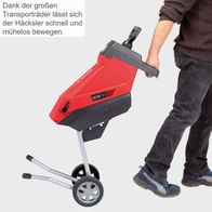 Der Häcksler GS55 von Scheppach mit 2400W Leistung. Dank großer Transporträder lässt sich der Häcksler schnell und mühelos bewegen.