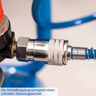 Die Schnellkupplung ermöglicht einen schnellen Werkzeugwechsel. Der Kompressor HC300 von Scheppach - 8bar | 24 L | ölfrei | 200l/min | inkl. 5m Schlauch & Zubehörset bietet eine praktische Schnellkupplung für effizientes Arbeiten.