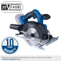 The cordless hand-held circular saw C-HCS165-X by Scheppach offers 10 years warranty with online registration. Part of the 20VIX battery system for all devices. Warranty: warranty.scheppach.com