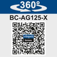 Akku-Winkelschleifer mit 360°-Schleifkopf für flexible Nutzung, Modell BC-AG125-X von Scheppach, Deutschland. Drehzahl 3000-10000 min-1, Schleifscheiben Ø125mm, brushless Motor.