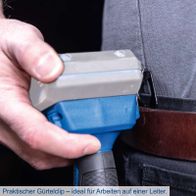 Praktischer Gürtelclip – ideal für Arbeiten auf einer Leiter. Der Akku-Schlagbohrmaschine C-CD45-X Scheppach verfügt über einen praktischen Gürtelclip, der das Arbeiten auf einer Leiter erleichtert.