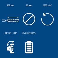 Technische Daten für Akku-Heckenschere: 650 mm Schnittlänge, 30 mm Schnittstärke, 27.000 min⁻¹, 2x 20 V (40 V), ±90° Neigungswinkel, Akku-Ladevorgang