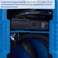 The hybrid compressor Airforce 6 Scheppach features integrated storage space for 230 V and 12 V cable, a 75 cm compressed air hose, and a 44 cm air-release hose with high volume and low pressure.