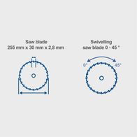Diagram showing table saw blades with dimensions 255 mm × 30 mm × 2.8 mm and a swivelling blade capable of tilting 0° to 45°