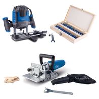 Scheppach Oberfräse mit integriertem Werkzeugset und Flachdübelfräse, inkl. Schutzhandschuhen und Werkzeughalterungen