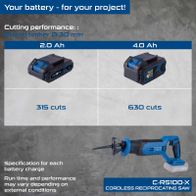 Cordless reciprocating saw with 2.0 Ah and 4.0 Ah battery options. 315 or 630 cuts per battery charge. Runtime and performance may vary depending on conditions. Model: C-RS100-X. Side view of the product.