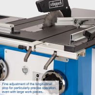 The Scheppach Precisa 6.0 table saw features fine adjustment of the longitudinal stop for particularly precise operation, even with large work pieces.