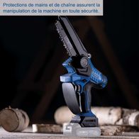 Der Akku-Gehölzschneider BC-PS150-X von Scheppach verfügt über Schutzvorrichtungen für Hände und Kette, die eine sichere Handhabung der Maschine gewährleisten.