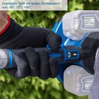Die Akku Heckenschere BC-HT720-X von Scheppach verfügt über einen drehbaren Griff mit einem Drehbereich von -90° / 0° / +90° für flexible Arbeitswinkel.
