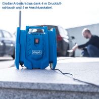 Der Kompressor Airforce 7 von Scheppach hat einen großen Arbeitsradius dank 4 m Druckluftschlauch und 4 m Anschlusskabel.