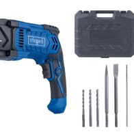 Elektro-Bohrhammer DH2260 von Scheppach, seitlich von links gezeigt. Enthalten sind fünf Bohrer und ein Kunststoffkoffer.