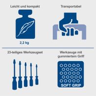 Werkzeugtasche mit 23-teiligem Satz, leicht und kompakt (2,2 kg), transportabel, inkl. ergonomischer Griffmulden für Werkzeuge mit gummiartigem Griff