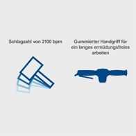 Der Scheppach Druckluftspaten Aero² hat eine Schlagzahl von 2100 bpm und einen gummierten Handgriff für ermüdungsfreies Arbeiten.