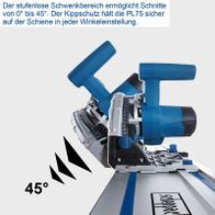 Die Tauchsäge PL75 von Scheppach bietet einen stufenlosen Schwenkbereich von 0° bis 45°. Der Kippschutz hält die Säge sicher auf der Schiene in jeder Winkeleinstellung.