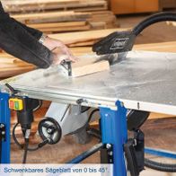 Tischkreissäge mit verstellbarem Sägeblatt von 0 bis 45° für präzise Schnitte