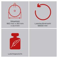 Das Sägeblatt hat die Maße 160 mm x 20 mm x 2,4 mm. Die Leerlaufdrehzahl beträgt 5500 min⁻¹. Leichtgewicht für einfache Handhabung.