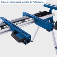 Schnelle, werkzeuglose Montage der Auflagearme am Maschinenuntergestell UG200 von Scheppach. Einfache Handhabung und stabile Konstruktion.