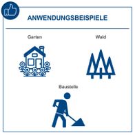 Illustrations zu Anwendungsbeispielen für Baustellen, Garten und Wald mit Arbeitsgerät