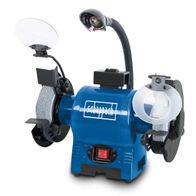 Doppelschleifer BG150 von Scheppach mit 370W Leistung und 150mm Schleifstein. Inklusive Lampe und Schleifscheibenabzieher. Wird von der Seite gezeigt.