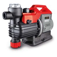 Hauswasserautomat GP1000 Jet LCD Scheppach, Ansicht von vorne. Der Hauswasserautomat ist ein Produkt von Scheppach und verfügt über ein LCD-Display und einen roten Griff.