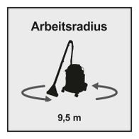 Der Arbeitsradius des Scheppach Sprühsaugers beträgt 9,5 Meter. Das Gerät ist mit einem flexiblen Saugschlauch ausgestattet, der eine effiziente Reinigung ermöglicht.