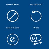 Technische Daten für Schleiflamellenbürste: Außen-Ø 60 mm, Innen-Ø 11,5 mm, Drehzahl max. 3600 min⁻¹