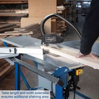 TS310 table saw by Scheppach with extended table length and width for additional shelving area. Includes a sliding carriage and two circular saw blades.