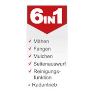 Der Rasenmäher MS225-53 von Scheppach bietet folgende Funktionen: Mähen, Fangen, Mulchen, Seitenauswurf, Reinigungsfunktion und Radantrieb.
