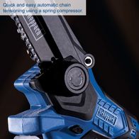 The cordless pruning saw BC-PS150-X by Scheppach features quick and easy automatic chain tensioning using a spring compressor. The chain is automatically tensioned, making it easier to use.