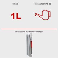 Motorenöl SAE30 von Scheppach. Inhalt 1 Liter, Viskosität SAE 30. Praktische Füllstandsanzeige.