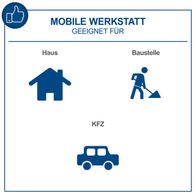 Mobile Werkstatt geeignet für Haus, Baustelle und KFZ. Enthält 263 Teile, abschließbar, 7 Schubladen, Räder mit Sperrfunktion, Soft-Grip Handgriffe.