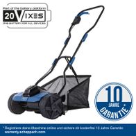Scheppach Akku-Spindelmähmaschine mit 10-jähriger Garantie, 20V-Batterie-System, 2Ah Akku und 45-Liter-Sammelbehälter