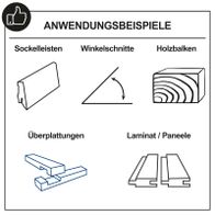 Das Bild zeigt Anwendungsbeispiele für verschiedene Werkzeuge. Dargestellt sind Sockelleisten, Winkelschnitte, Holzbalken, Überplattungen und Laminat/Paneele. Die Werkzeuge sind wahrscheinlich Produkte von Scheppach.