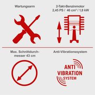 Benzinkettensäge mit 2-Takt-Motor (2,45 PS / 46 cm³ / 1,8 kW), Wartungsarm, Max. Schnittdurchmesser 43 cm, Anti-Vibrationssystem.
