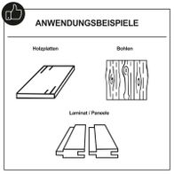 Anwendungsbeispiele für Holzplatten, Bohlen und Laminat/Paneele mit typischen Schnittformen für Scheppach-Tauchsägen