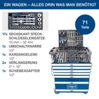 Werkzeugkoffer mit 71 Teilen für Werkstattwagen, inkl. Steckschlüssel-Set, Adapter und Verlängerungsschrauben