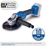 Der Akku-Winkelschleifer C-AG125-X von Scheppach gehört zur 20VIXES Batterieplattform. Eine Batterie für alle Geräte. 10 Jahre Garantie bei Online-Registrierung auf garantie.scheppach.com.