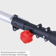 Die Elektro-Teleskop-Heckenschere ETHT500 von Scheppach bietet einen Schnellverschluss für einfache Montage und Demontage.